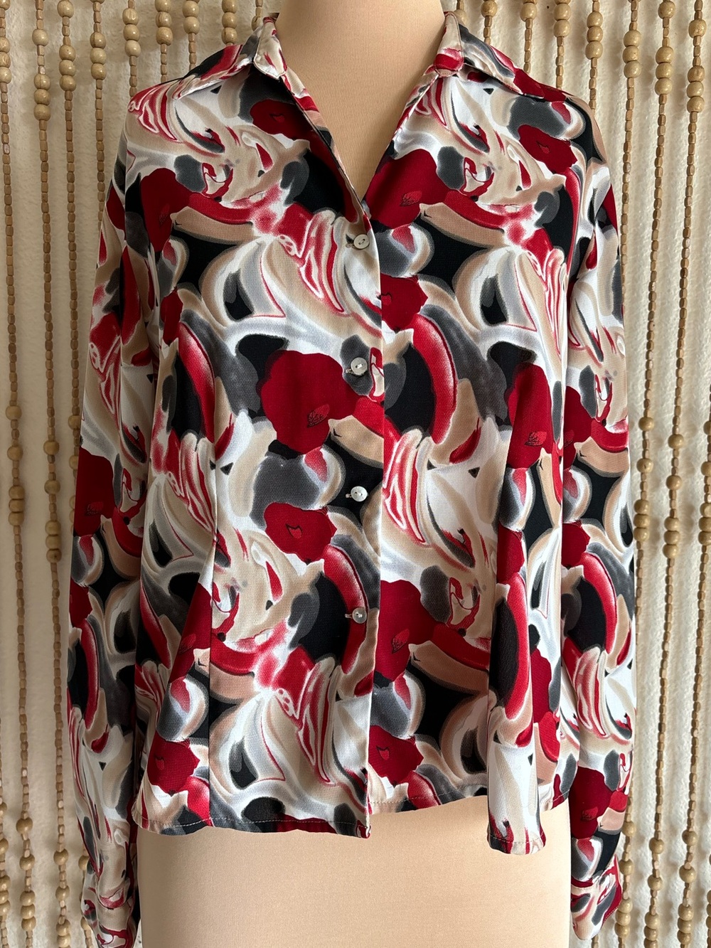 Vintage Jaipur 90s Abstract Swirl Button-Down Red Black Boho Grunge Euro Top L